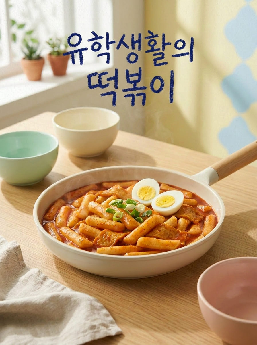 떡볶이가 담긴 그릇과 주변의 작은 그릇들, 식탁 위의 설정을 보여주는 이미지