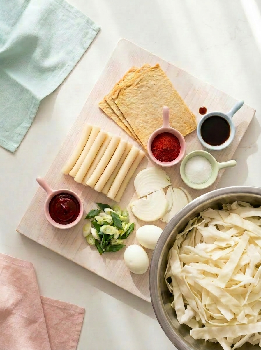 다양한 재료가 담긴 나무 도마, 밀가루 면, 양파, 파, 두부, 고추장, 간장, 소금과 삶은 계란이 보인다.