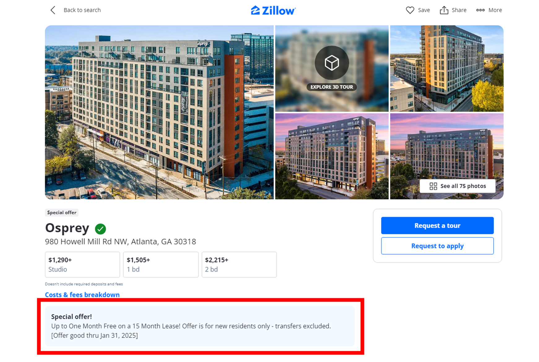 Zillow에 표시된 아파트 렌트 프로모션 안내