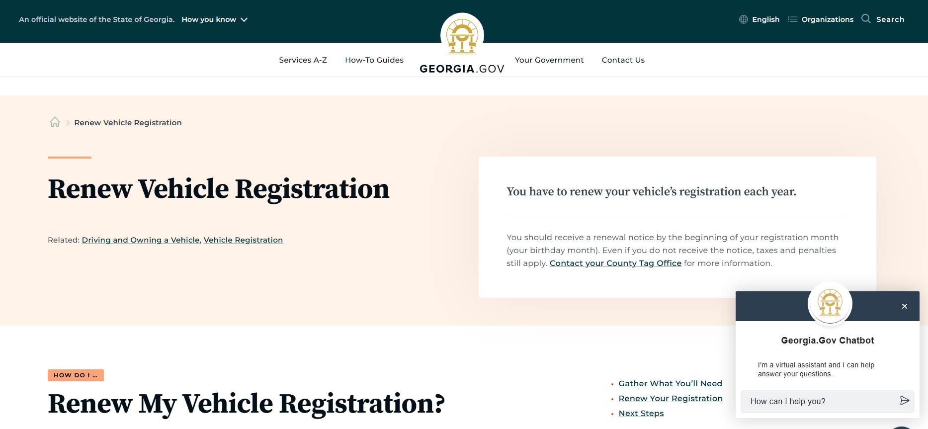 Georgia.gov의 Renew Vehicle Registration 페이지 화면